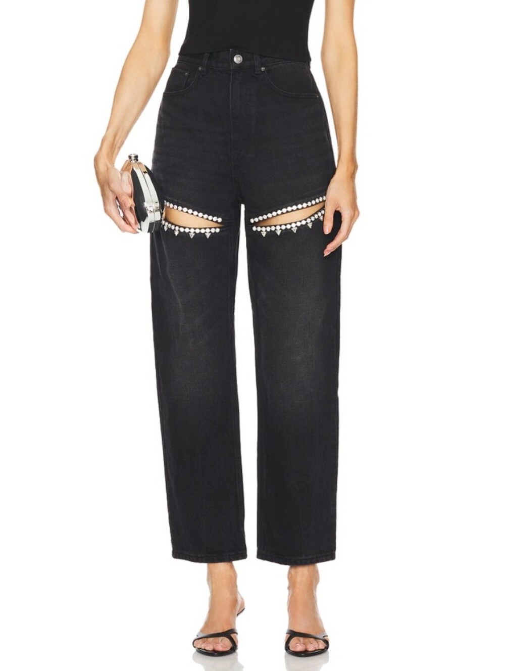 AREA Black Straight-Leg Jeans with Rhinestone Trim